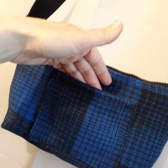 New Classic Plaid Wool Top handle Purse Shoulder bag Blue Black Faux leathertrim - Picture 7 of 10